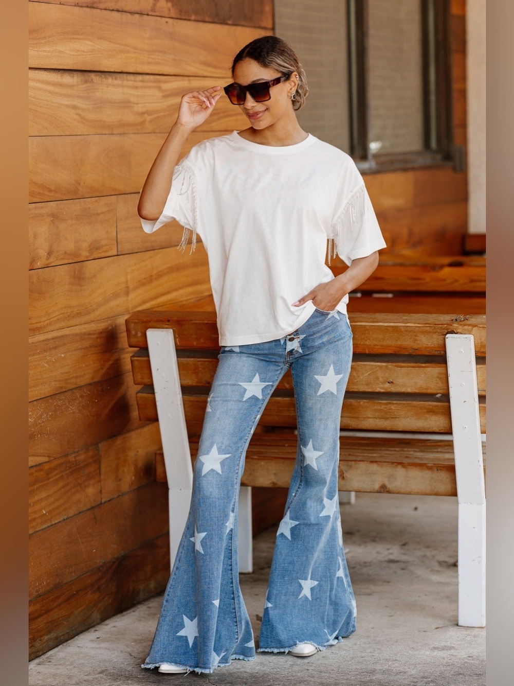 BLUE BUTTERCUP Oh Say Can You See Star Printed Denim Flare Jeans Patriotic NEW - Picture 5 of 8